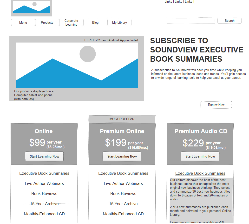 Soundview Subscription wireframe
